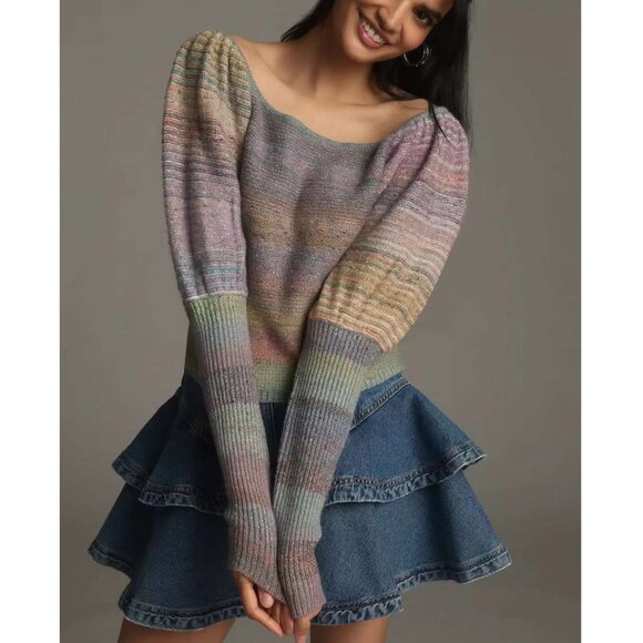 NWT By Anthropologie Off-The-Shoulder Puff-Sleeve Sweater Small Blue Motif Rainb - Picture 2 of 4